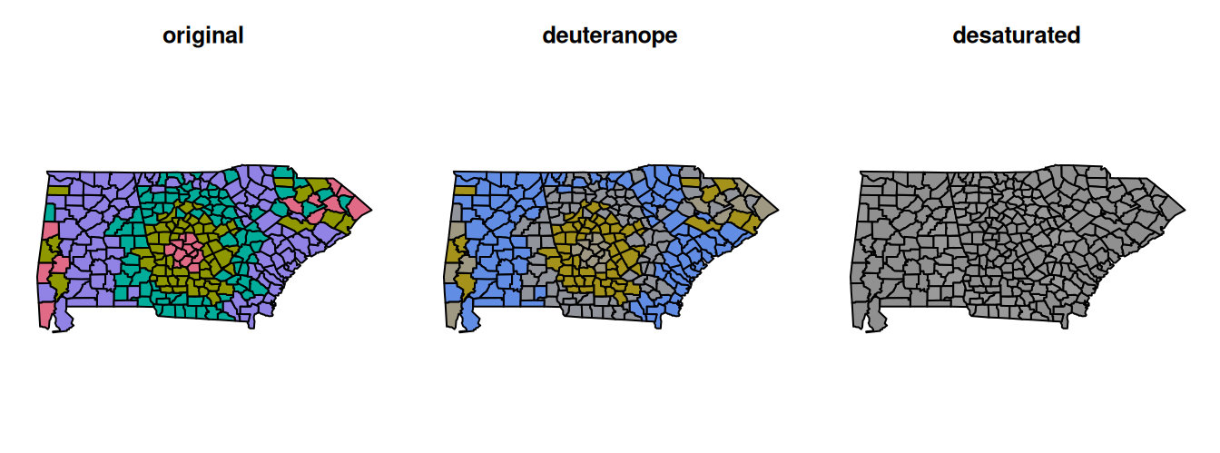 The same choropleth map three times: in a four colour qualitative palette, simulated for deuteranopia where two of the colours drift together, and desaturated where the whole map is one grey.